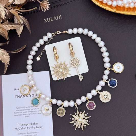 Celestia Charm Pearl Necklace & Earrings Set