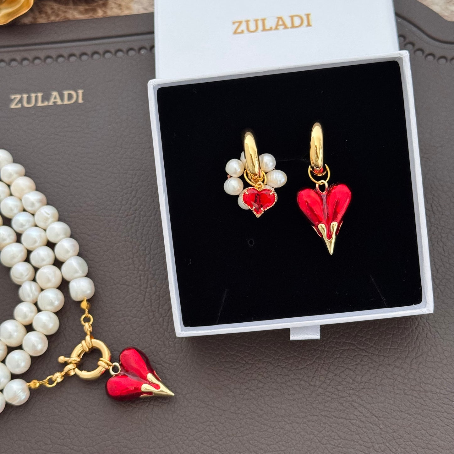 Amour Freshwater Pearl & Red Heart Drop Earrings