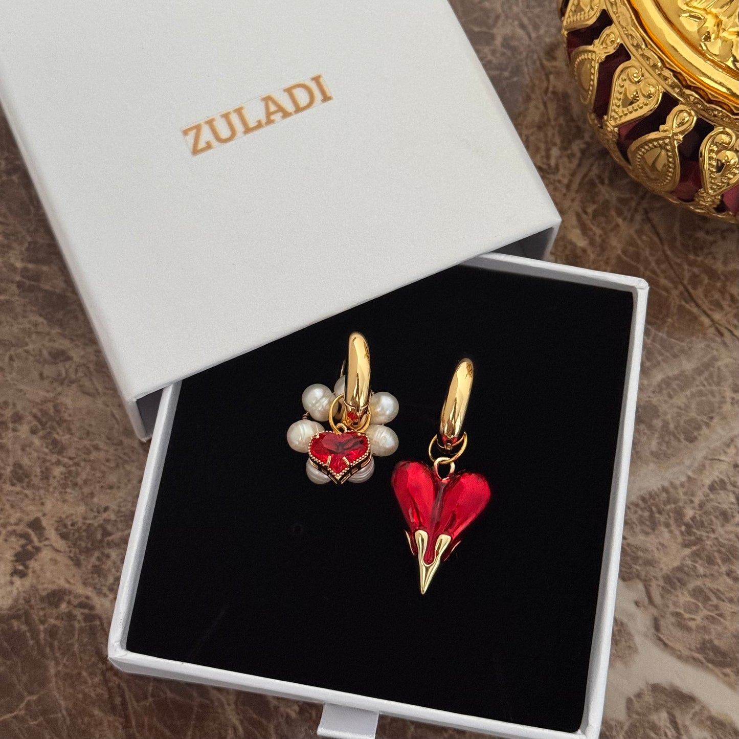 Amour Freshwater Pearl & Red Heart Drop Earrings