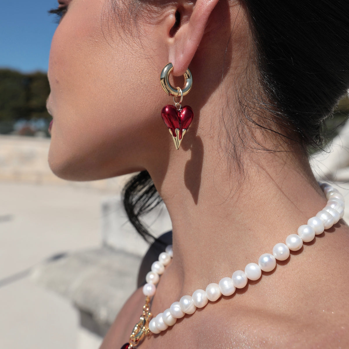 Amour Freshwater Pearl & Red Heart Drop Earrings