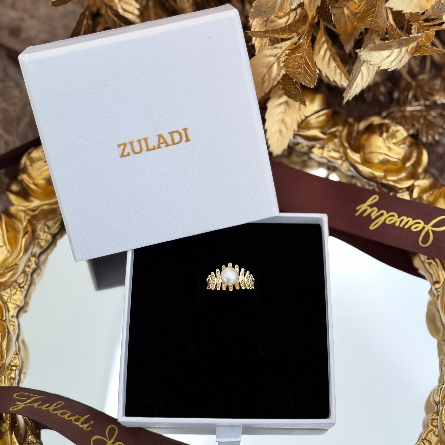 Gold Pearl Statement Ring - Adjustable Sculpted Band