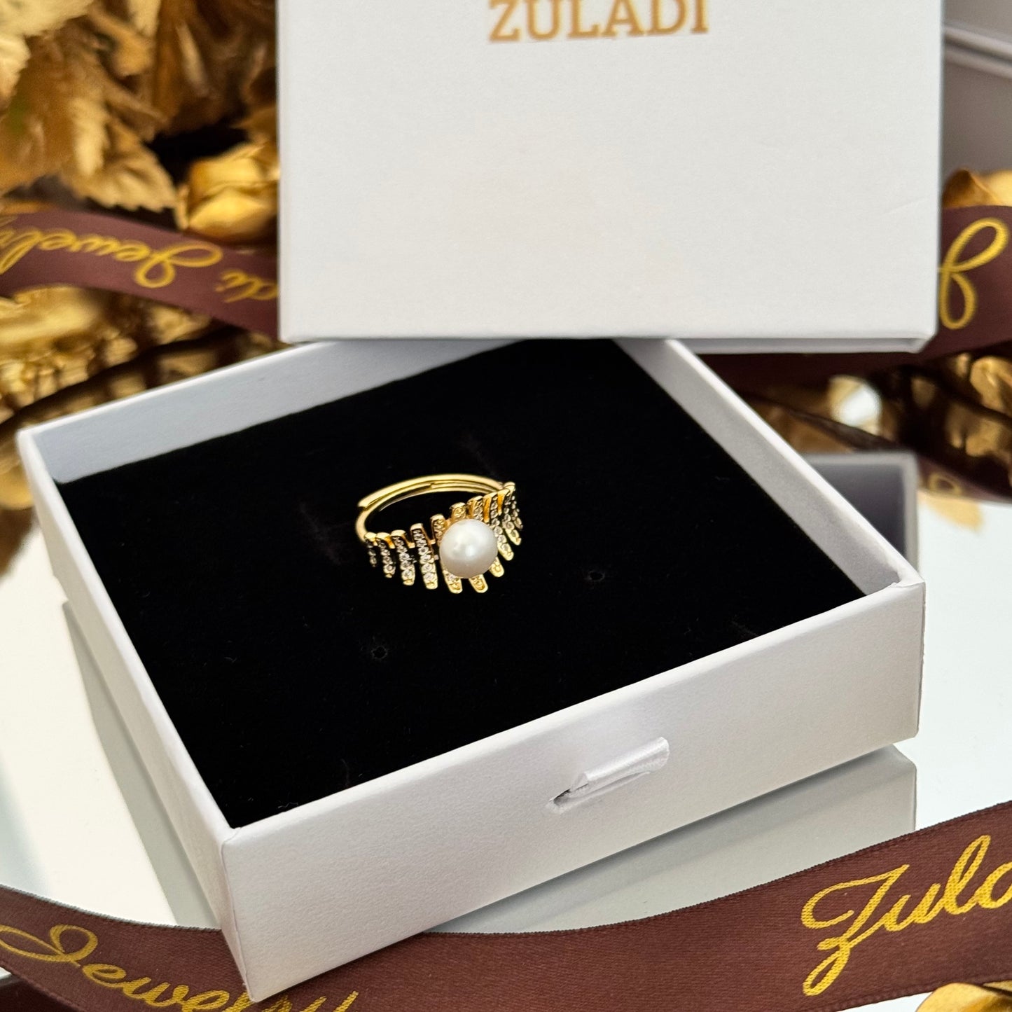Gold Pearl Statement Ring - Adjustable Sculpted Band