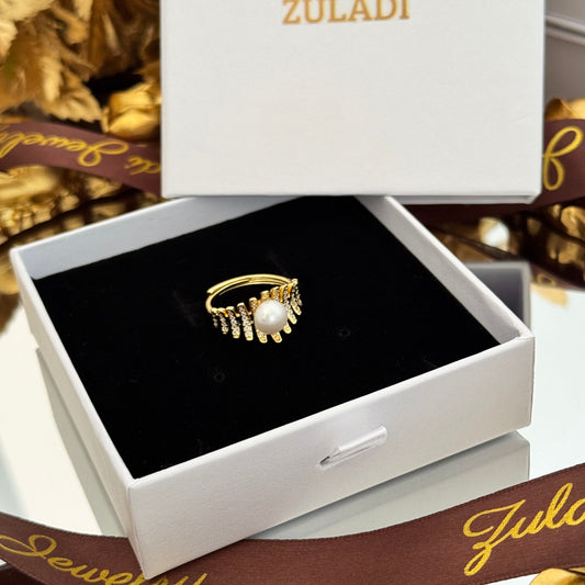 Gold Pearl Statement Ring - Adjustable Sculpted Band