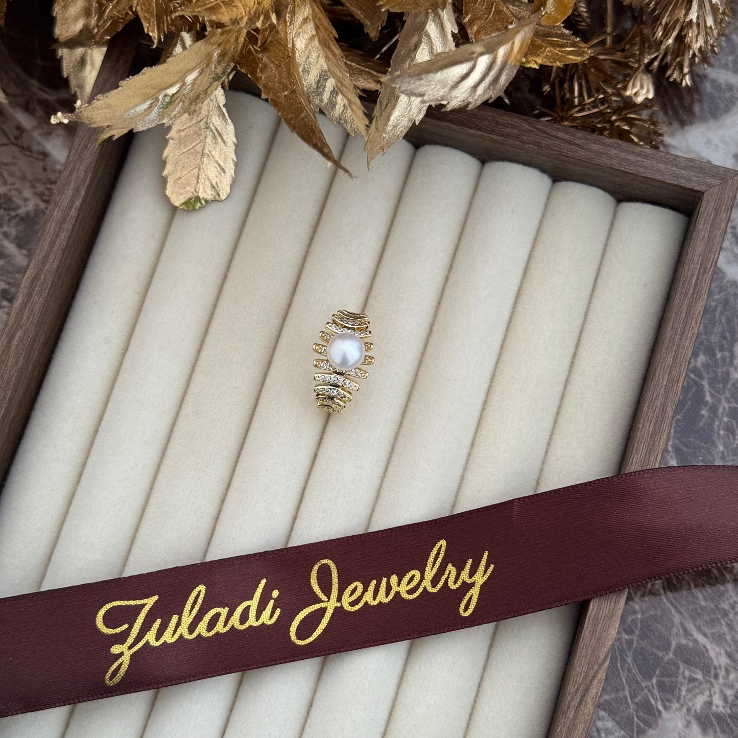 Gold Pearl Statement Ring - Adjustable Sculpted Band